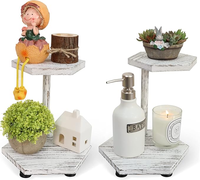 Tikea Hexagonal Wood Riser for Display, 2-Pack Wood Farmhouse Riser for Kitchen Bathroom Counter Decor, Decorative Tray for Soap Dispenser, Decorations and Plant