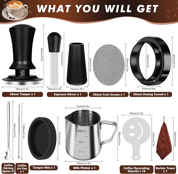 Y-Step 58mm Espresso Accessories Kit 25 PCS, Espresso Tamper Kit Coffee Tamper Set, 58mm Espresso Tamper with Spring Loaded Calibrated, Espresso Puck Screen, Dosing Funnel, WDT Tool, Latte Art Kit