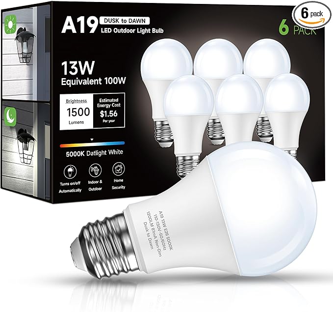 Dusk to Dawn Sensor LED Outdoor Light Bulb, Daylight White 5000K, A19 13W(100 Watt Equivalent) Bright Porch Lighting, 1200LM, Auto-On/Off Photocell Sensor for Garage Yard Patio Garden- 6 Pack