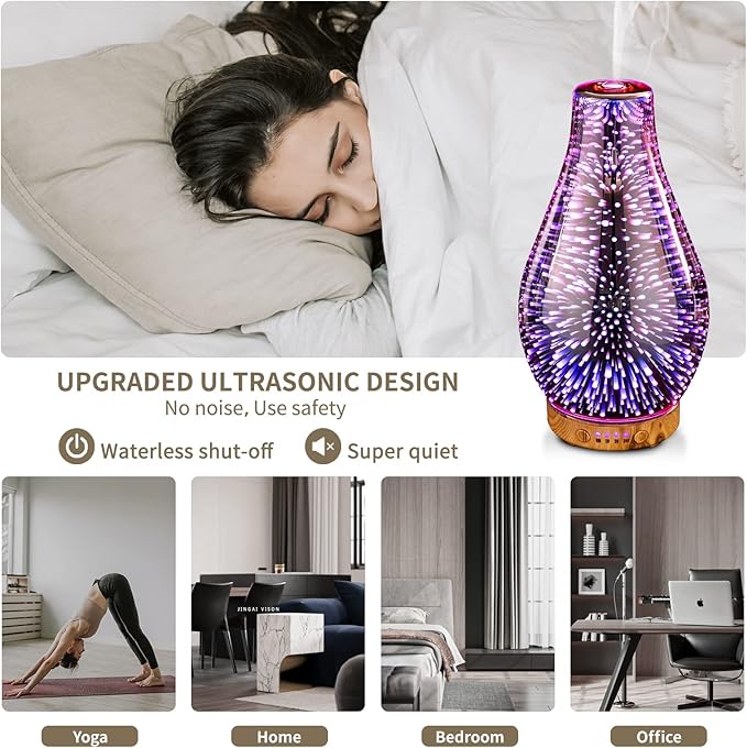 Porseme Essential Oil Diffuser, Aroma Ultrasonic Humidifier with Rose Gold Handmade Glass, BPA Free, 7 Color Changing Night Light, Waterless Auto-Off, Timer Setting (Rose Gold Volcano)