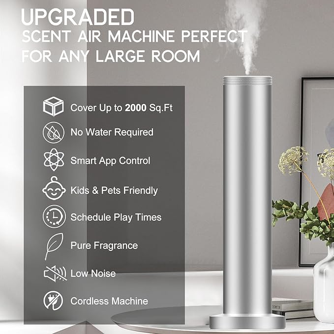 2026 Upgraded Cordless Rechargeable Diffuser - Hotel Scent Diffuser for Whole House- Scent Air Machine -App Bluetooth Control - Waterless Essential Oil Diffuser for Large Room, Studio Office -Silver