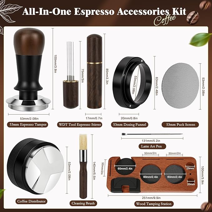8 PCS Espresso Accessories Kit, 54mm Espresso Tamper Kit Coffee Tamper Set with Coffee Distributor, Espresso Tamping Station, Espresso WDT Stirrer, Puck Screen,Dosing Funnel