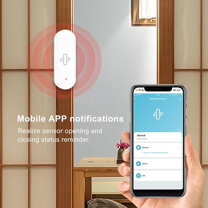 Smart Vibration Sensor: Wireless Glass Break Detector, WiFi Door Sensor with App Alerts, Adjustable Sensitivity, Glass Break Security Sensor for Alarm System and Smart Home Automation (4-Pack)
