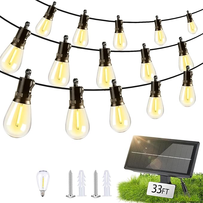Solar Lights Outdoor Patio Lights: S14 10M 33FT Solar Powered 3 Light Modes Solar Waterproof Light - Shatterproof Bulbs - Camping Backyard Garden Deck Outside Yard