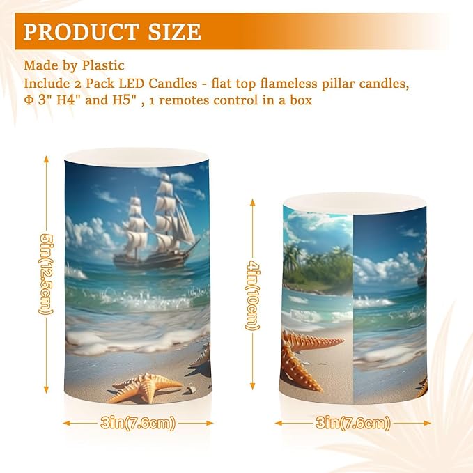 Starfish Pattern on Seaside Beach Flameless Candles Color Changing LED Candles with Remote Control Battery Candles for Outdoor and Indoor Home and Room Decoration, 3'' x 4''/5'' Set of 2 Pieces