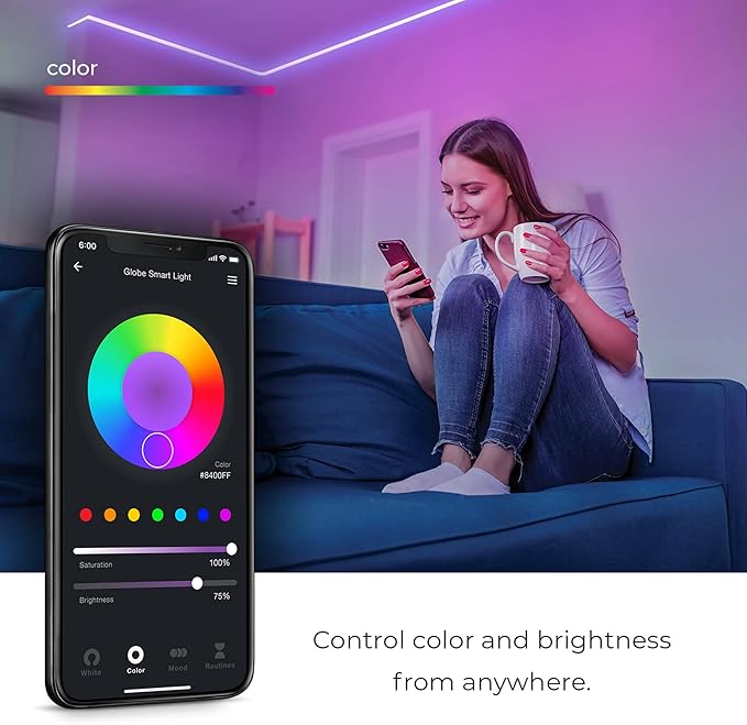 Globe Electric 50273 Wi-Fi Smart Flexigon Multicolor Changing RGB LED Plug-in Outdoor Indoor Neon Strip Light, No Hub Required, Voice Activated, 5 Meters/16.4 Feet, IP65 Rated, 3000 Kelvin