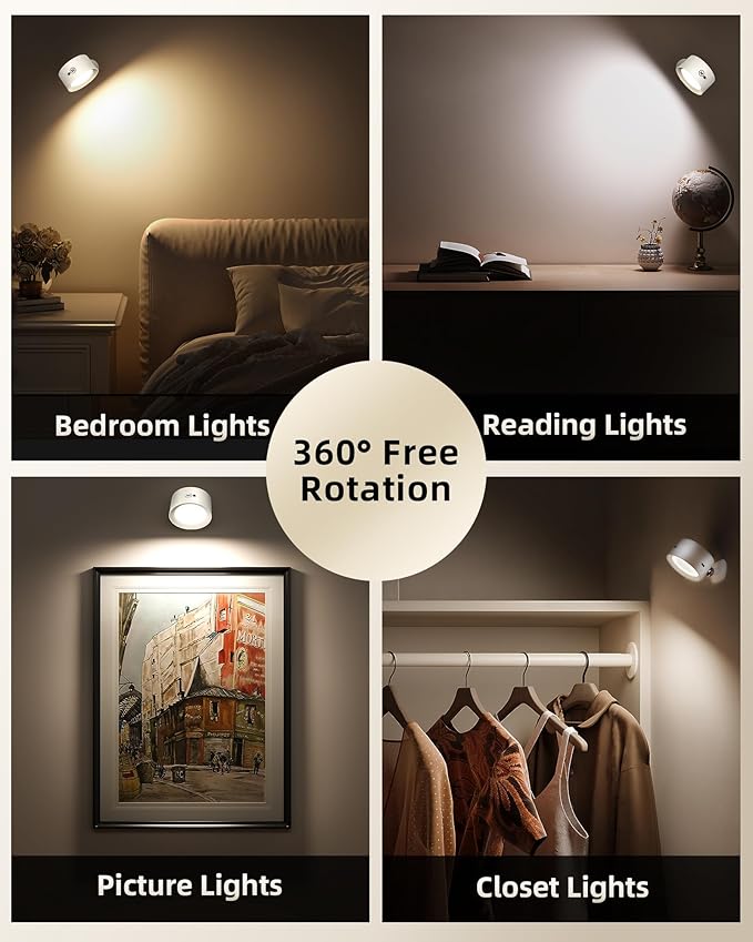 LED Wall Mounted Lights, Rechargeable Wall Sconces with Remote & Touch Control, 3 Color Temperatures 360° Rotation Dimmable Cordless Wall Light for Bedroom Study Reading Bedside (White, 3 Pack)