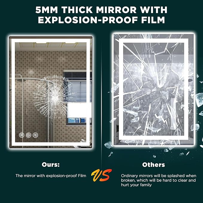 LED Bathroom Mirror 24"x 32" with Stepless Dimmable Wall Mirrors with Anti-Fog, Dimmable CRI>90, Vanity Mirror with 3 Color Modes, Shatter-Proof, Memory Bathroom Mirror with LED Lights
