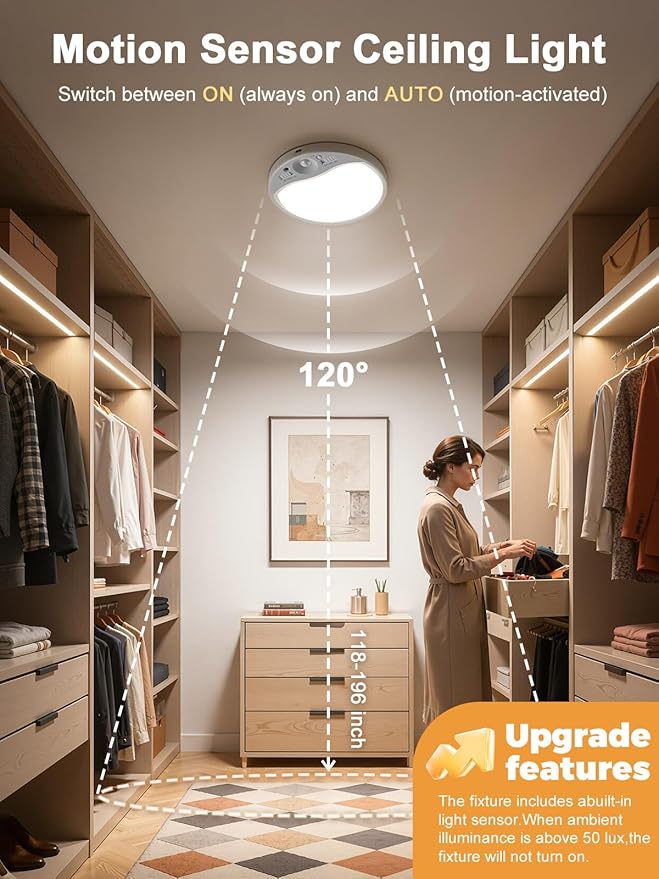 TANBABY 8000mAh Motion Sensor Ceiling Light Indoor with Remote, 3-Color Magnetic Battery Operated Lights, 7'' Super Slim Ceiling Light Adjustable Motion Timer 30s/60s/120s for Closet Shower (4 Pack)