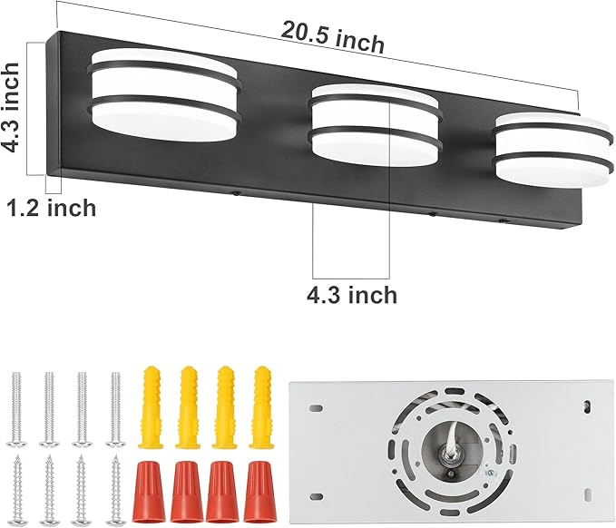 3 Color Temperature Dimmable Bathroom Light Fixtures Over Mirror, LED Black 3 Light Vanity Lighting Fixtures, Acrylic Stainless Steel Oval Shade Vanity Lights for Bathroom, ETL Certificated