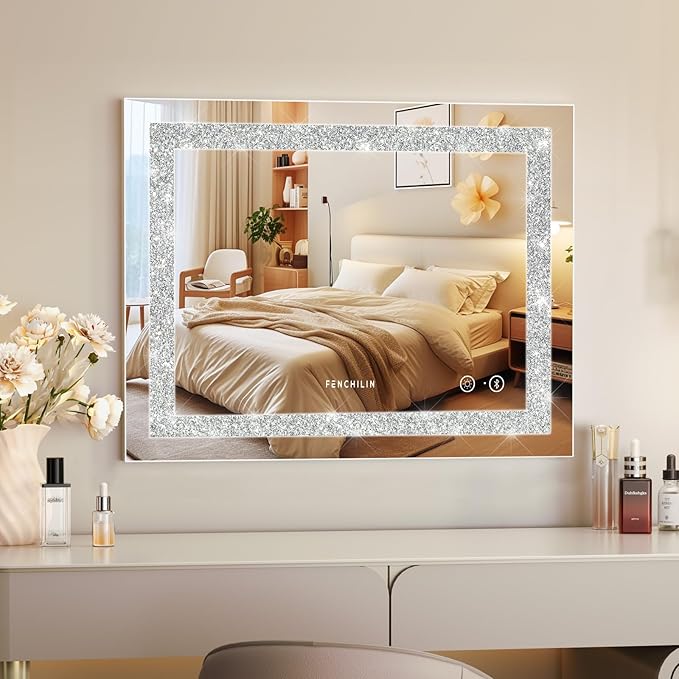 FENCHILIN Vanity Mirror with Lights 23” x 18” Hollywood Makeup Mirror with Light Strip Smart Touch Control 3 Colors Dimmable Light Strip & 10X Magnification White