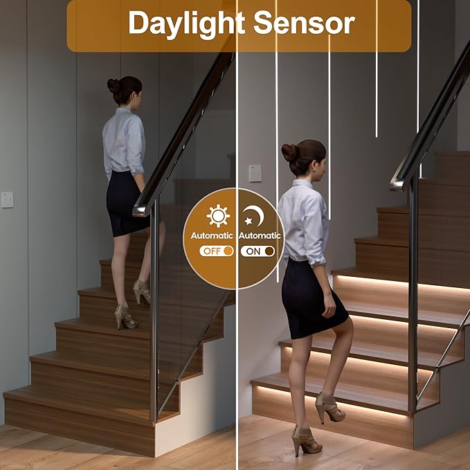 Motion Sensor with Daylight Sensor LED Stair Light Kit KMG-4233, Multiple Functions with Switch Panel Control, 40 Inches Light Strip for Indoor Use (Cool White 6000K, 16 Stairs)