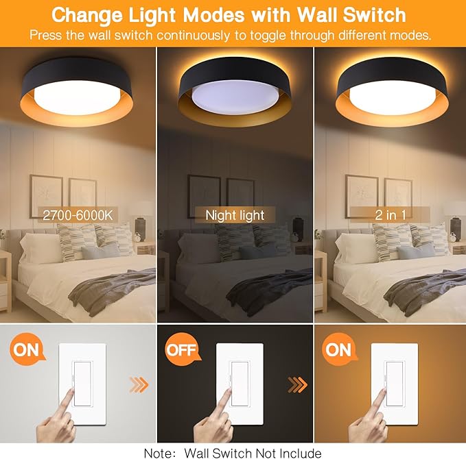 Bargeni Flush Mount Ceiling Light,12.5 inch LED Ceiling Light with Night Light,Matte Black with Gold Inside,24W/2700K/3000K/4000K/5000K/6000K/5CCT Selectable,Light Fixtures Ceiling Mount for Bedroom