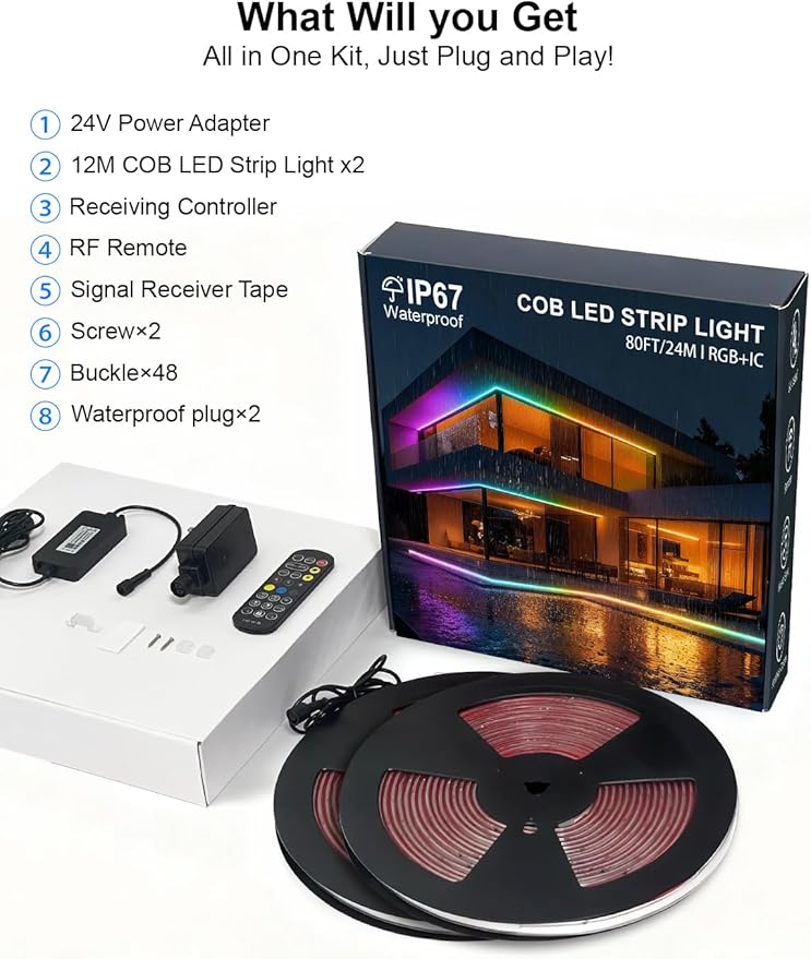 80ft/24m COB LED Strip Lights Outdoor, Smart RGB IC IP67 Waterproof Dimmable Color Changing Tape Light with App Remote Control & Music Sync, for Eave, Patio, Pool & Party DIY Decorations(2 Rolls)