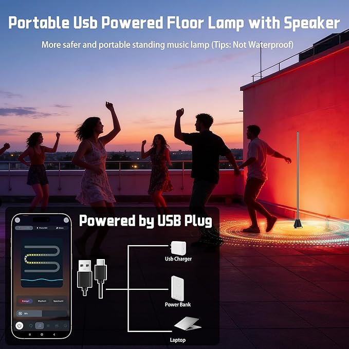 Led Corner Floor Lamp with Speaker, USB Powered Led Lamp App & Remote Control, Color Changing Music Sync IC+RGB, Timer, Music Mode Standing Lamps for Living Room Lamp Bedroom Gaming, 1 Pack