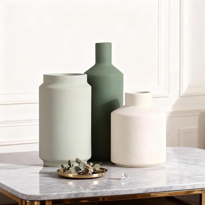 Modern 3 Piece Ceramic Vase Set - Minimalist Home Decor Vases for Living Room, Bedroom, or Entryway - Modern Neutral Table Decor for Flowers or Greenery, Shelf and Mantel Accent