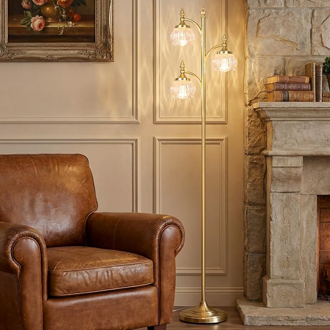 Floor Lamp Gold Glass Brass 66.5in Tall Standing Lamp for Living Room with 3 Brightness Lights Vintage Tree Flower Lamp for Bedroom Office(3LED Bulbs Included)