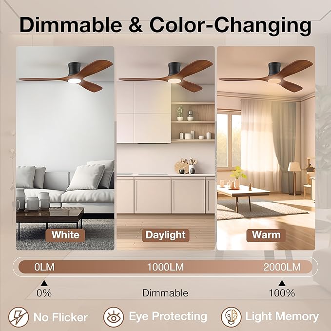 52inch Wood Ceiling Fans with Lights and Remote,Low Profile Modern Ceiling Fan with Light,Outdoor Indoor Flush Mount Ceiling fan,for Patio Bedroom Farmhouse,Walnut,3 Blades,6 Speeds,Quiet