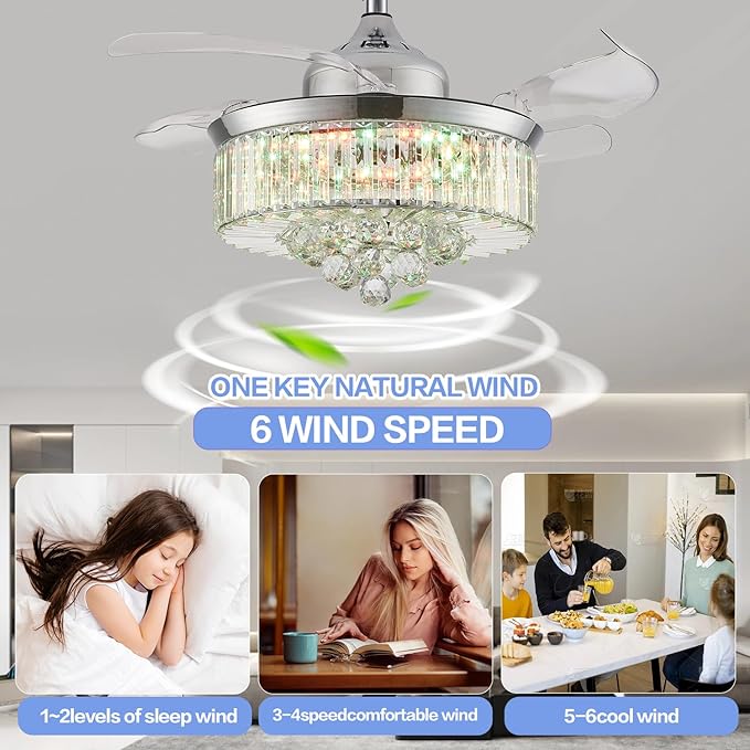 36" Retractable Crystal Ceiling Fan with Light, RGB Modern Fandelier 6 Speeds Reversible Blades Dimmable Chandelier Ceiling Fan with Remote App Control Memory Timer Silver