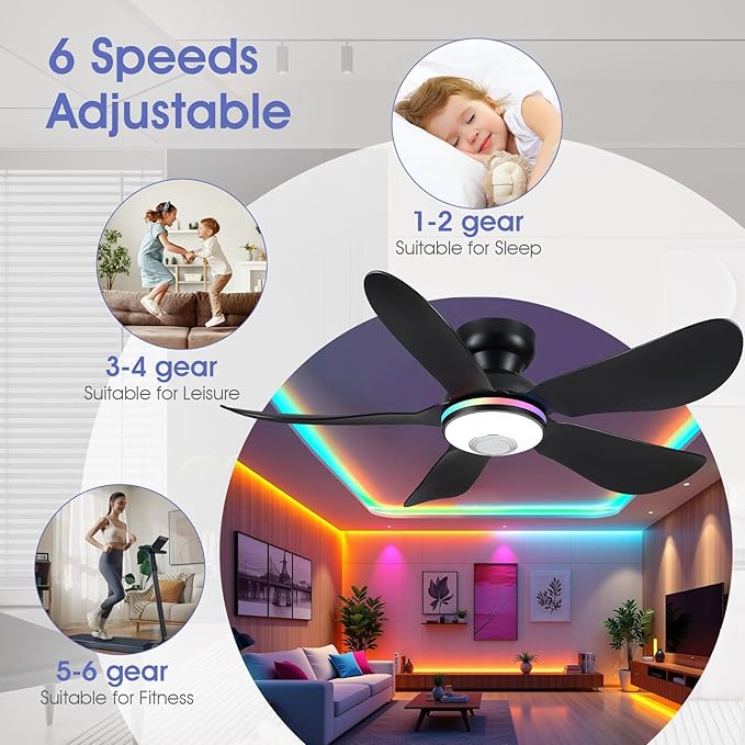 46" Ceiling Fans with RGB Lights Remote/APP Control, Low Profile, 3 CCT Dimmable White Lights+RGB Ring Lights+Music Player, 5 Reversible Plastic Blades 6 Speeds for Kidsroom, Black