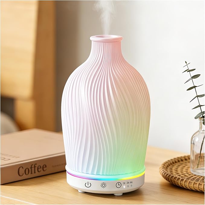 Essential Oil Diffuser 150ml, Resin Material Aromatherapy Diffuser with 1/2/4H Timer, 7 Color Lights, Auto Shut-Off, Whisper-Quiet Ultrasonic Humidifier for Home Bedroom Office (White)