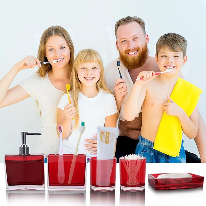 5-Piece Bold Red Acrylic Bathroom Accessories Set — Soap Dispenser, Toothbrush Holder, Soap Dish & 2 Mouthwash Cups, His and Hers Countertop Organizer for Red Bathroom Decor