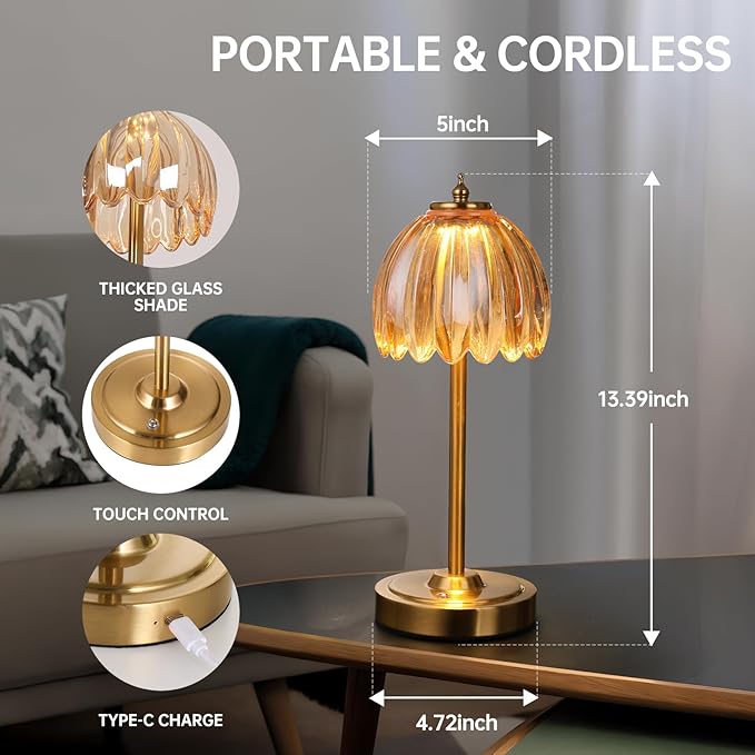 Tulip Table Lamp with 5000mAh Battery & Touch Control, Cordless Table Lamp with 3 Colors, Dimmable Rechargeable Table Lamps for Bedroom, Nightstands, Living Room, Entryways (Amber Tulip)