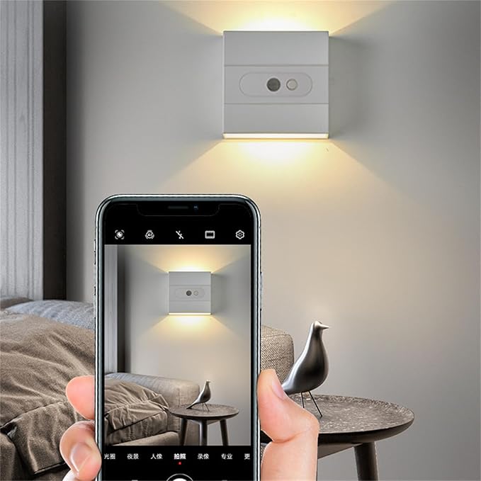 Wall Lights with Motion Sensor Indoor LED Modern Wall Lamp Brightness Adjustable Wall Sconce Recargables USB Con Batería Lighting Fixtures for Living Room Bedroom Corridor (Warm Light,White)