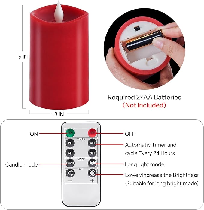 1PCS, 3 x 5 inches Flameless Candle with Remote Control, 3D Flickering Wick, Real Wax Pillar LED Candles, Battery Candles,with Timer,for Holiday Home Decor, Red