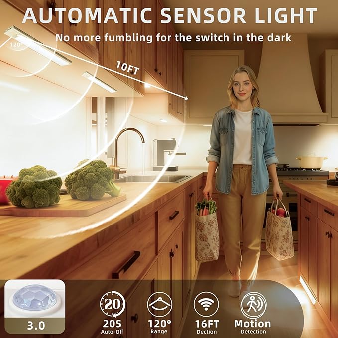 16inch Under Cabinet Lighting, 4 Pack Rechargeable Motion Sensor Light Indoor, Wireless Dimmable Magnetic Closet Lights, 68 LED Under Counter Lights for Kitchen, Wardrobe, Stairs, Warm Light