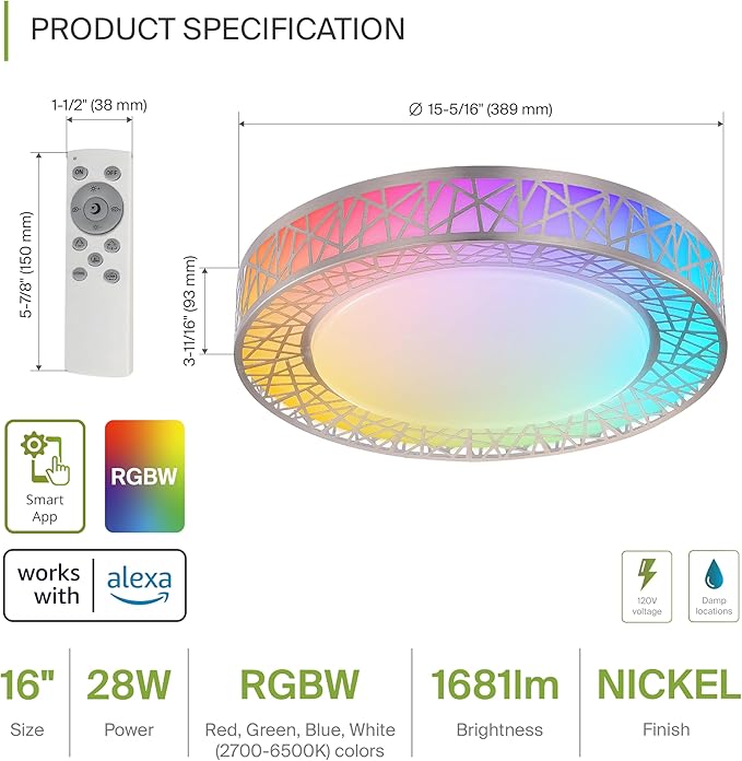 ASD 16 Inch Smart RGBW Flush Mount Ceiling Light with Remote - Brushed Nickel 28W 120V 2700-6500K Dimmable Ceiling Light Fixture, WiFi App Control RGB Lights, Alexa & Google Assistant - ETL