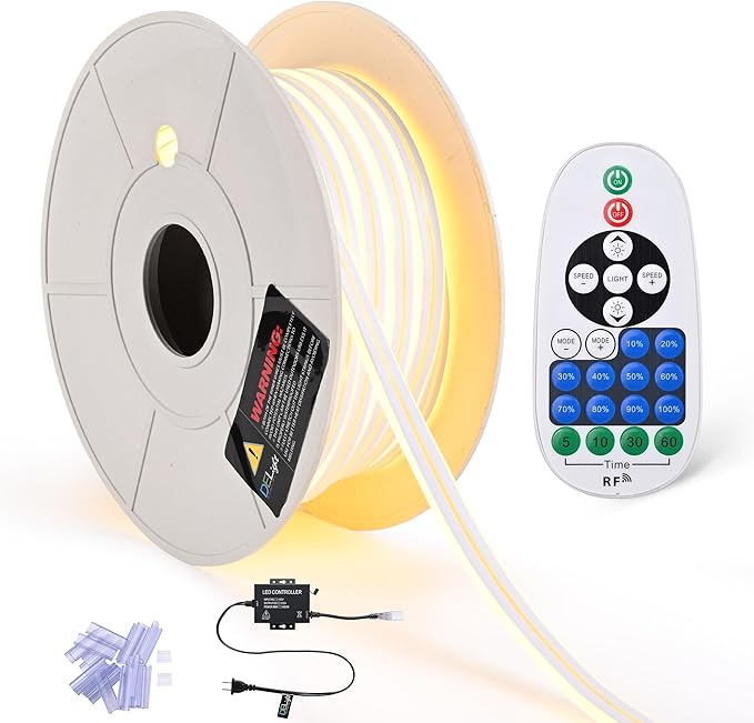 DELight AC 110-120V Waterproof IP65 Cozy 2700K Warm White 50ft Neon Rope Lights with Remote Control Dimmable Cuttable Flexible LED Strip Lights Outdoor DIY Retro Vibe DEL-D50W