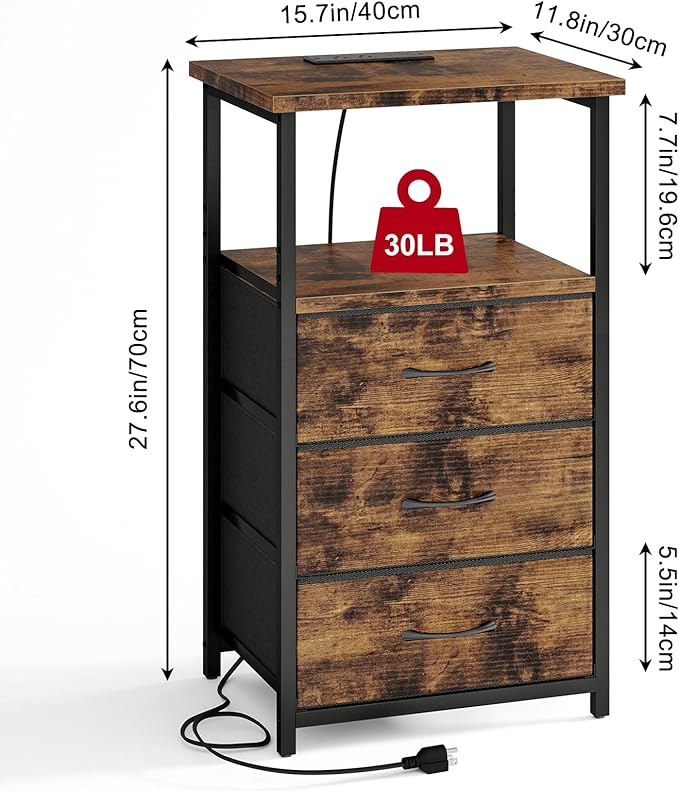 Fixwal Night Stand with 3 Fabric Drawers, Nightstand for Bedroom, Bedside Table with Charging Station End Table with Storage, Rustic Brown (Pack of 2)