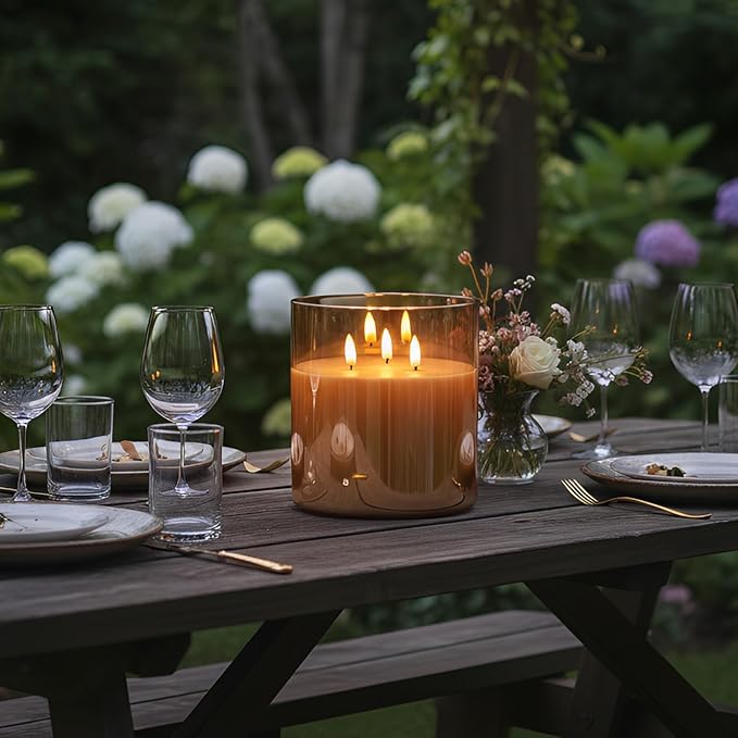 NICEME Extra Large 3 Wick Battery Operated Candle, 6"x6" Big Clear Glass Flameless Candles with Remote, Real Wax Flickering Led Pillar Fake Giant Candle for Wedding Party Holiday Home Decor, Gold