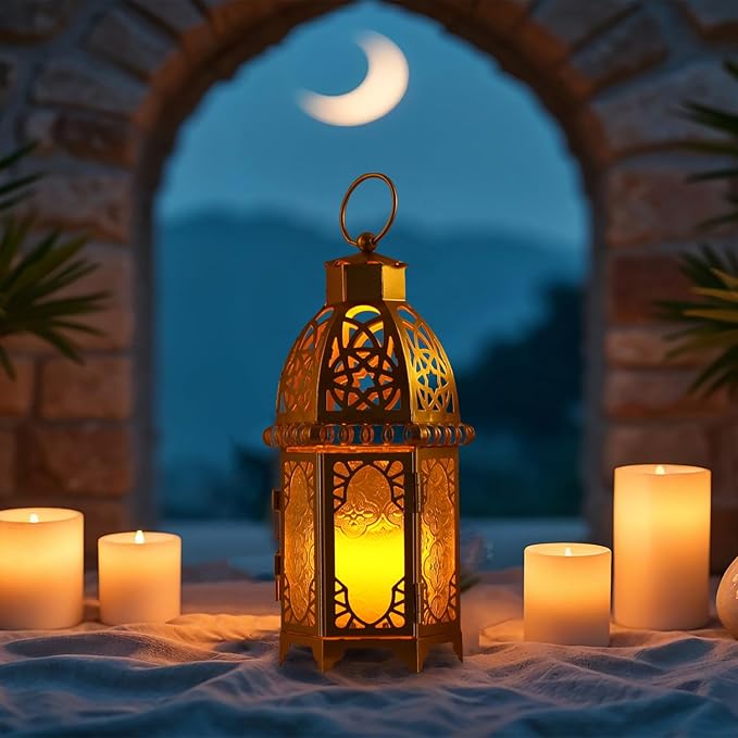 DECORKEY Moroccan Lanterns Decorative Indoor & Outdoor, 11’’ Medium Size Golden Metal Hanging&Tabletop Candle Holder Decor, Halloween Christmas Ramadan Decorations for Home Porch Patio (Golden)