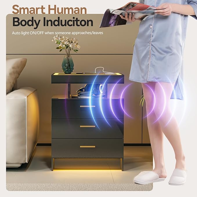 Black Night Stand Set 2 with Wireless Charging Station,Smart Bedside Table with 3 Drawers,Modern Glass Top End Side Table with 3 Color Dimmable,LED Nightstand for Bedroom