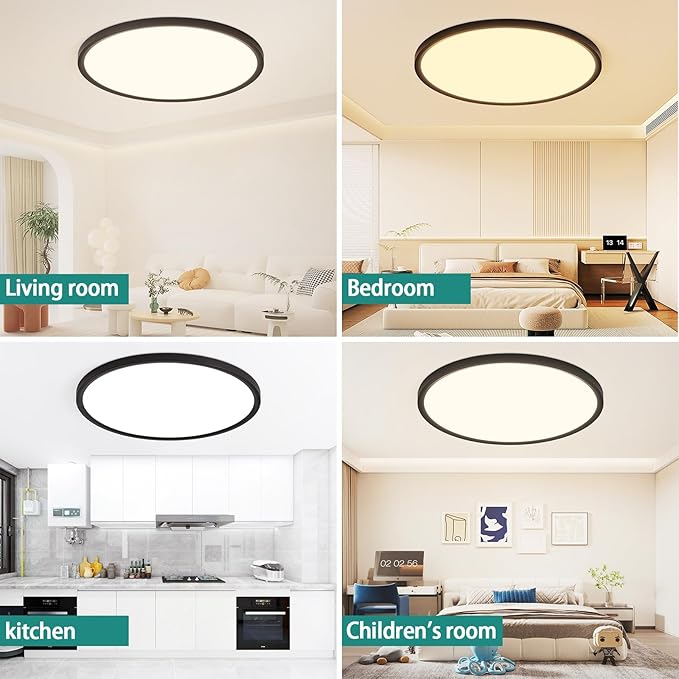 24 Inch LED Flush Mount Ceiling Light Fixture,Dimmable Ultra Thin Low Profile,48W 4800 Lumens,3 CCT Color Selectable,Modern Round Black Ceiling Light for Living Room,Bedroom,Kitchen,Office