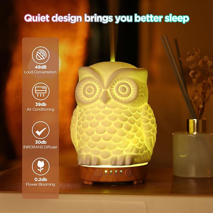 Owl Ceramic Aromatherapy Diffuser INRORANS 160ml Stone ultrasonic Cool Mist Scent Essential Oil Diffuser Humidifier with Intermittent Mist & LED 7 Colors Changing Night Light for Bedroom Office Home