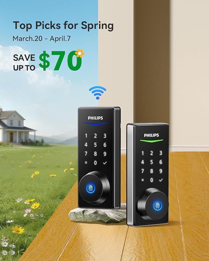 Philips Wi-Fi Smart Door Lock, Keyless Entry Door Lock with App Control,Fingerprint ID,Auto Lock,Keypad Deadbolt with Wi-Fi Bridge Adaptor,Smart Locks for Front Door-Satin Nickel