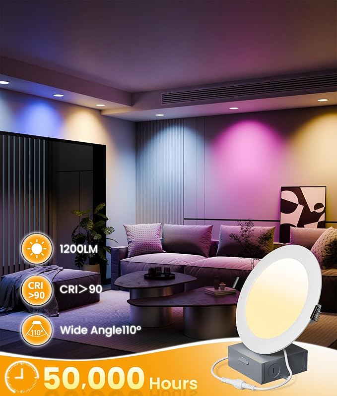 LED Recessed Lighting 6 Inch with App & Voice Control, 1200LM RGBCW Smart Ceiling Light Compatible with Alexa & Google, Dimmable Canless Recessed Light with Timer Music Sync, 12 Pack