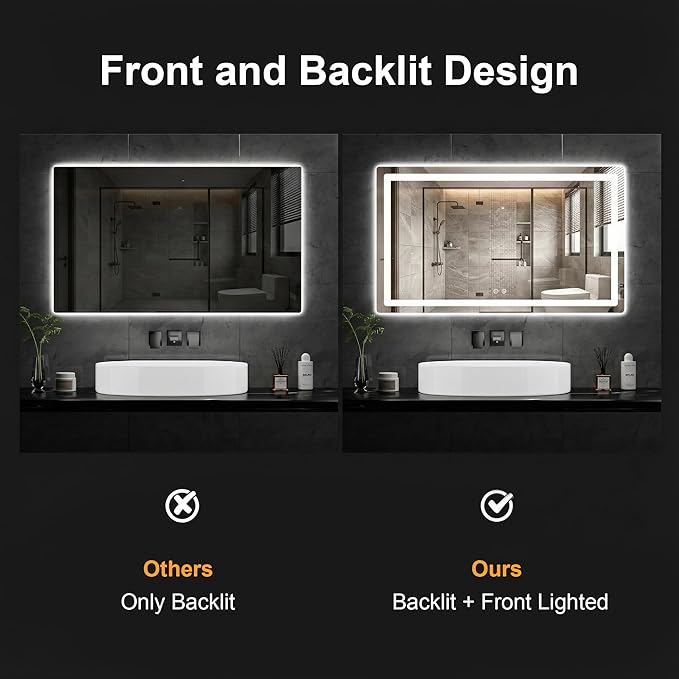 LED Bathroom Vanity Mirror with Light, 30"x55" Led Bathroom Vanity Mirror with Light for Wall, Anti-Fog, Dimmable 3 Colors, Memory Function, Backlit and Front Lit, Plug-in/Hardwired