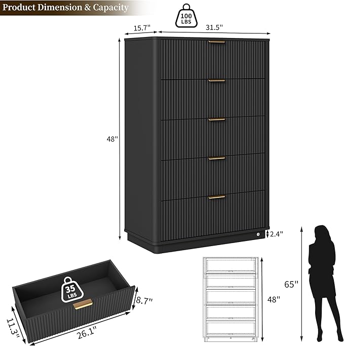 Fluted Dresser for Bedroom with 5 Drawers, 31.5" Wide Modern Chest of Drawers with Lighting, Wooden Dresser TV Stand with Curved Edges, Closet Organizer for Living Room, Hallway,Black