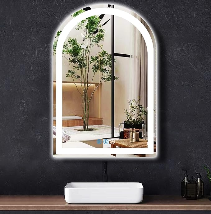 32 x 24 Inch LED Arch Mirror with Lights AntiFog 3 Color Adjustable Brightness Frontlits 32" Arched Lighted Vanity Mirror for Bathroom Wall Mounted Makeup Tabletop Smart Arch Light up Mirrors