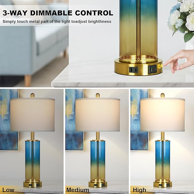 26" Blue and Gold Glass Lamps Set of 2, 3-Way Dimmable Touch Coastal Bedroom Table Lamp with USB C+A Ports & AC Outlet, Elegant Brass Living Room Lamp, Nautical Bedside Lamps for Night Stands