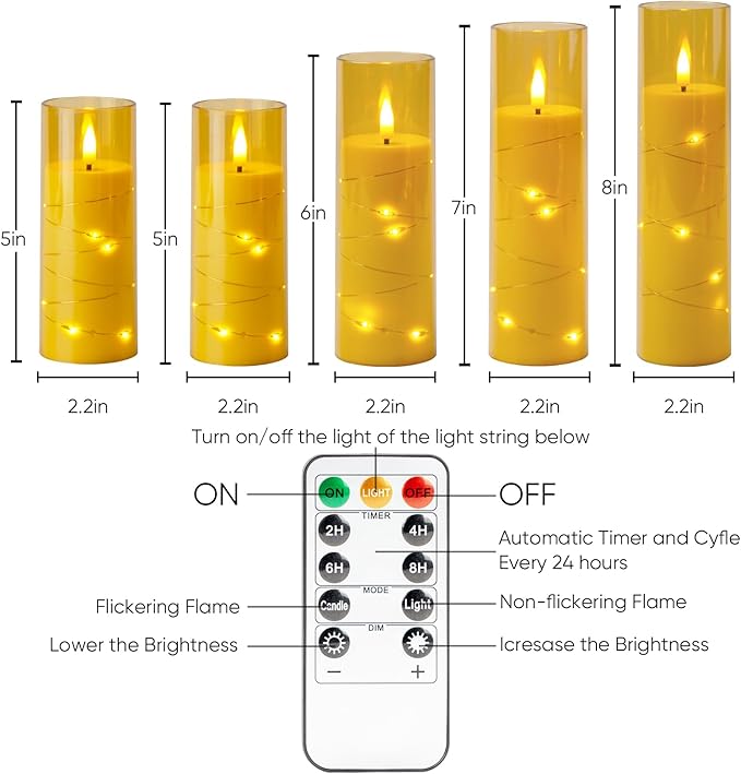 Homemory Flameless LED Candle with Embedded Star String Lights, Fake Candles with Remote Control & Timer, Battery Operated Candles, Amber, Set of 5