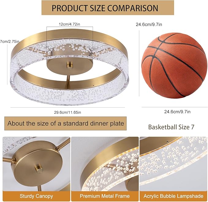 Jaycomey Modern LED Ceiling Light Fixture, 11.65" Flush Mount Kitchen Lighting Gold with Clear Seeded Acrylic Lampshade,Dimmable Round Ceiling Lamp Lights for Bedroom Dining Room