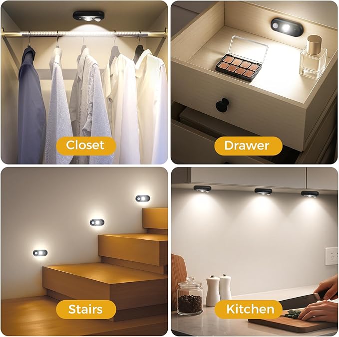 LED Motion Sensor Puck Lights, Small Rechargeable Under Cabinet Light, Dimmable Daylight White Closet Lights, Wireless Under Cabinet Lighting for Drawer, Kitchen (6 Pack, Black)