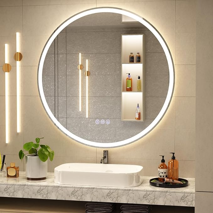 BEAUTYPEAK 24x24 LED Round Bathroom Mirror with Lights, Anti-Fog, Dimmable, Backlit + Front Lit, Lighted Bathroom Vanity Mirror for Wall, 3 Colors, Memory Function, Tempered Glass, Shatter-Proof
