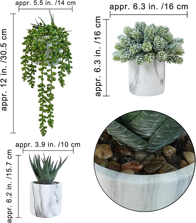 Winlyn Set of 3 Small Artificial Succulent Potted Plants Fake Aloe Hops String of Pearls in Modern Marble Ceramic Planter for Home Garden Bathroom Shelf Office Desk Tabletop Indoor Outdoor Décor