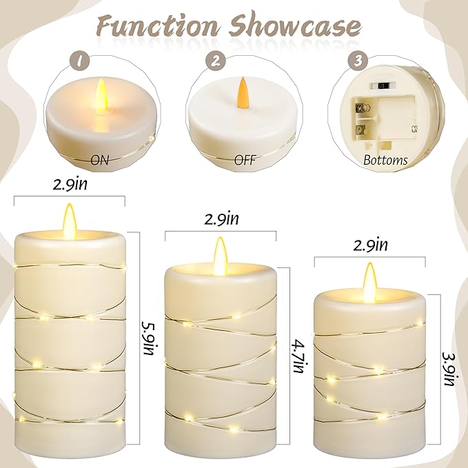 Upinmz Flickering Flameless Candles with String Lights, Battery Operated Candle, LED Candles Unbreakable Acrylic Candles with Remote Control and Timer -3 Pack Ivory White
